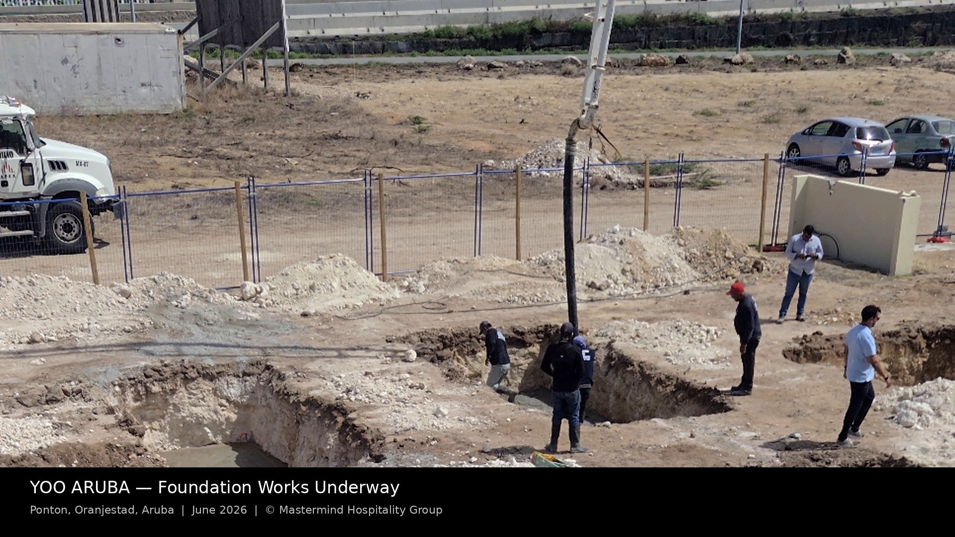 Photograph of foundation works under way on the YOO Aruba site in Ponton, Oranjestad, where 26 residences are being built for delivery in Q4 2027.