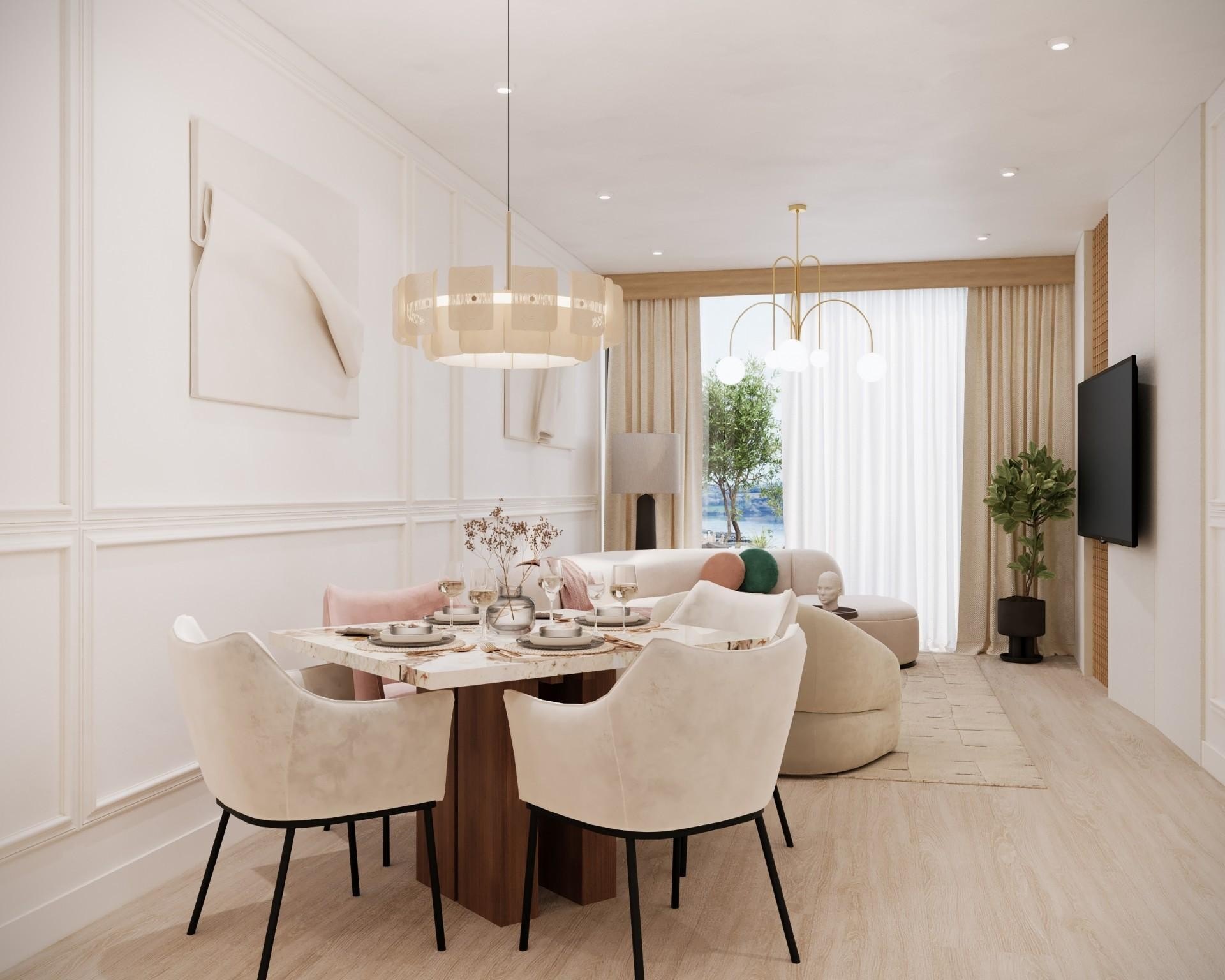 Rendering of a styled dining and living room in a YOO Aruba residence in Ponton, Oranjestad, one of 26 in a building not yet built