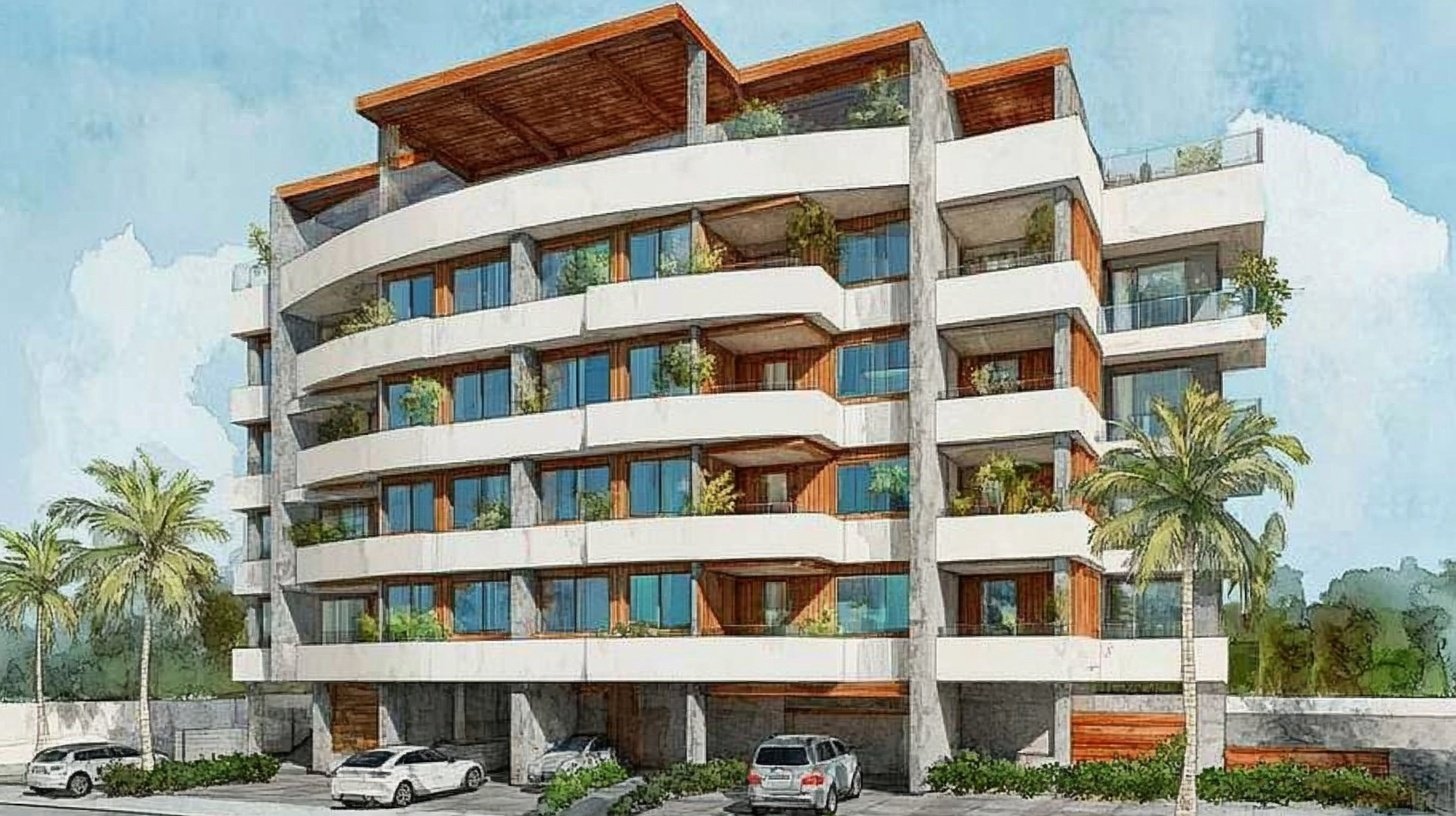 Rendering of the YOO Aruba building in daylight from the street corner in Ponton — 26 residences open to foreign owners; not yet built, delivery Q4 2027