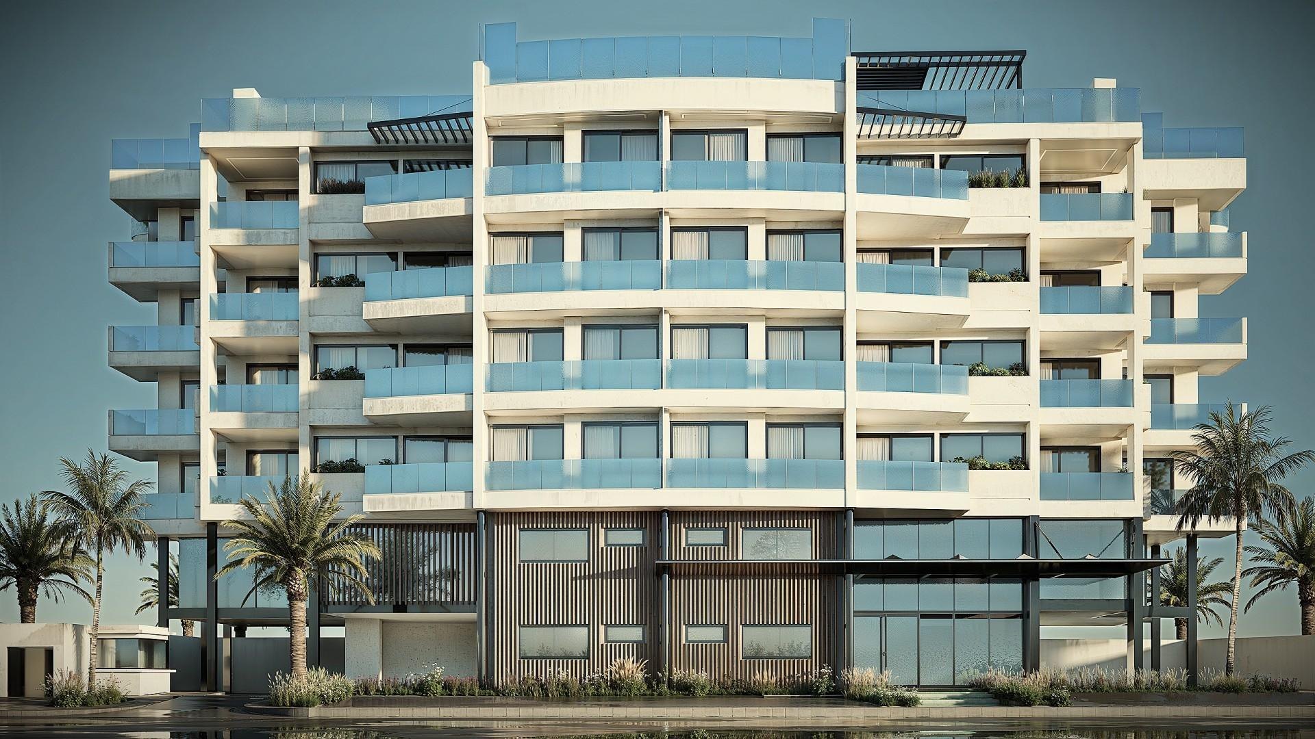Computer-generated view of the YOO Aruba facade in Ponton, Oranjestad, whose 26 apartment rights range from 748 sq ft to 2,082 sq ft.