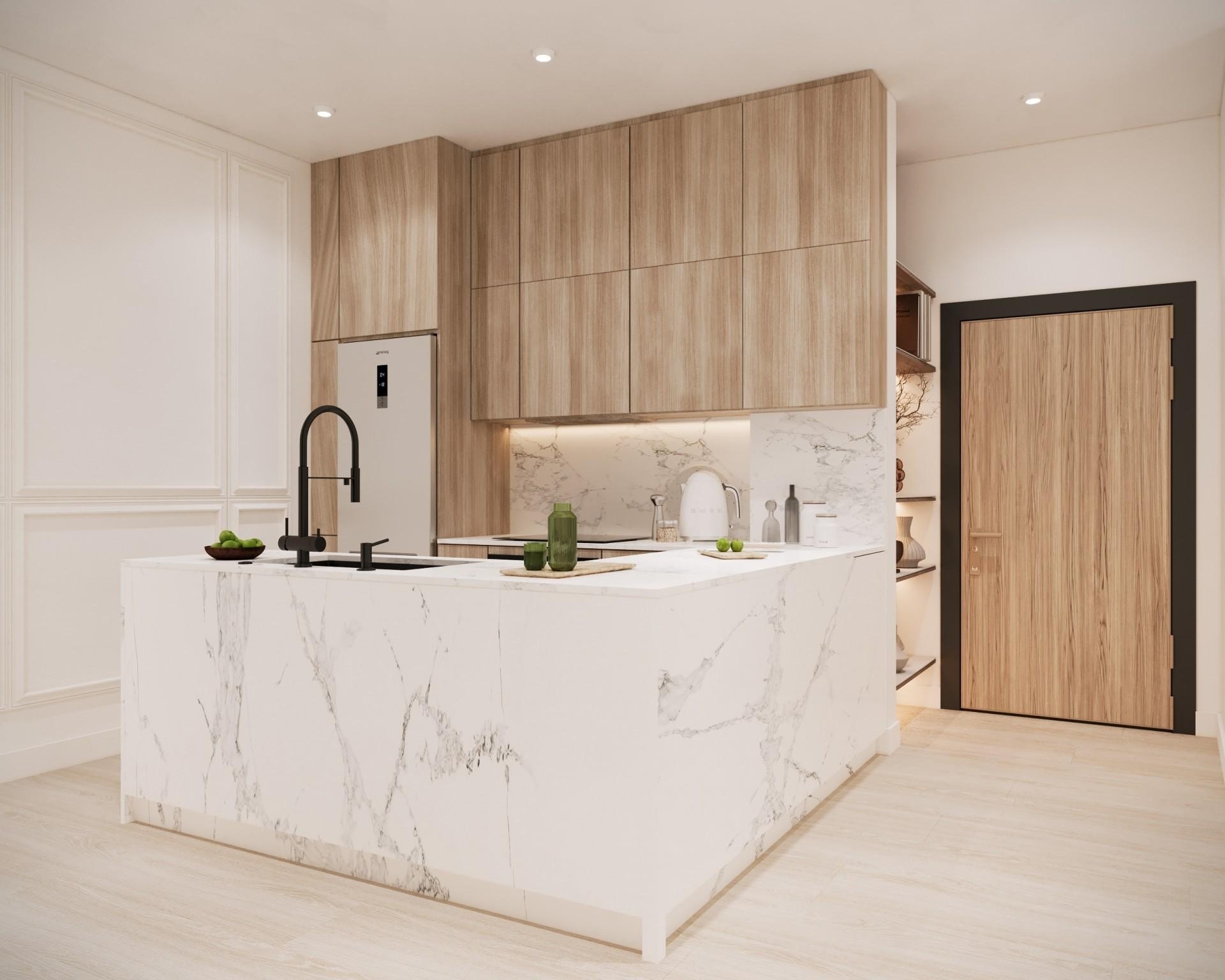 Rendering of a YOO Aruba kitchen with a white marble island and pale oak units; each of the 26 residences is delivered with a fully equipped kitchen.