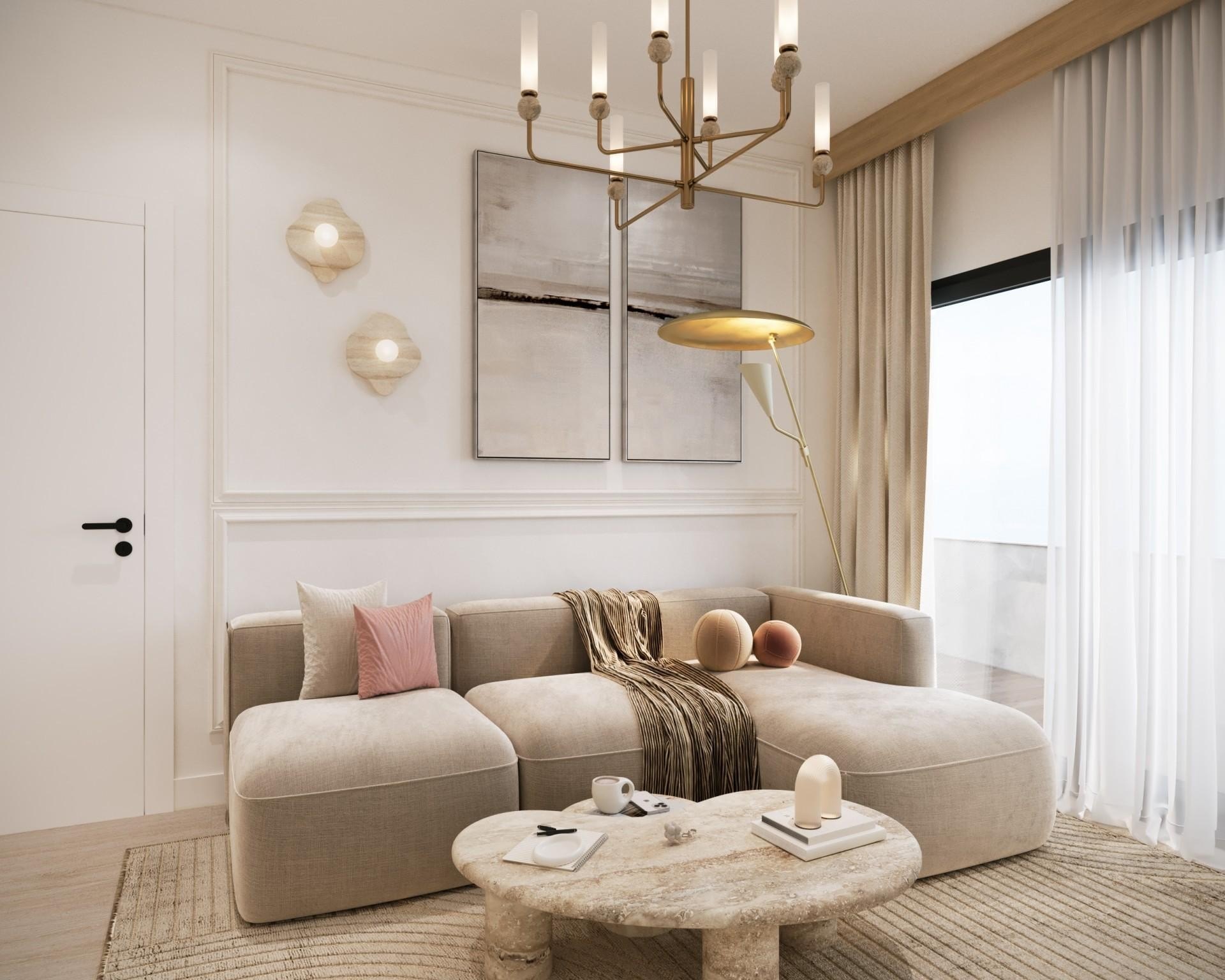 Recreación de una sala de estar en YOO Aruba, una de las 26 residencias de Ponton, con sofá modular beige, lámparas de latón y cortinas al balcón; el edificio aún no está construido.