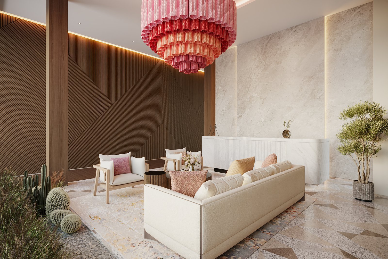 Rendering of the YOO Aruba lobby reception lounge, where a concierge is on duty 24 hours a day; the building is not yet built (delivery Q4 2027)