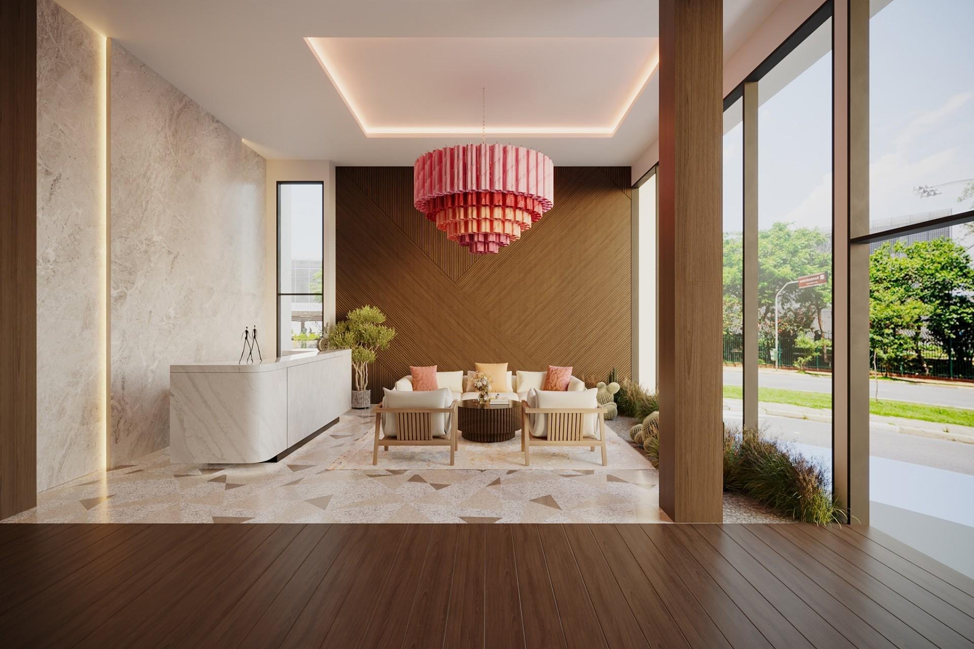 Rendering of the ground-floor lobby at YOO Aruba, the boutique building of 26 residences in Ponton, Oranjestad, with delivery due in Q4 2027